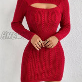 Hnewly Cut Out Cable Knit Sweater Dress Sexy Long Sleeve Bodycon Women’s Clothing Red / Xs(2)